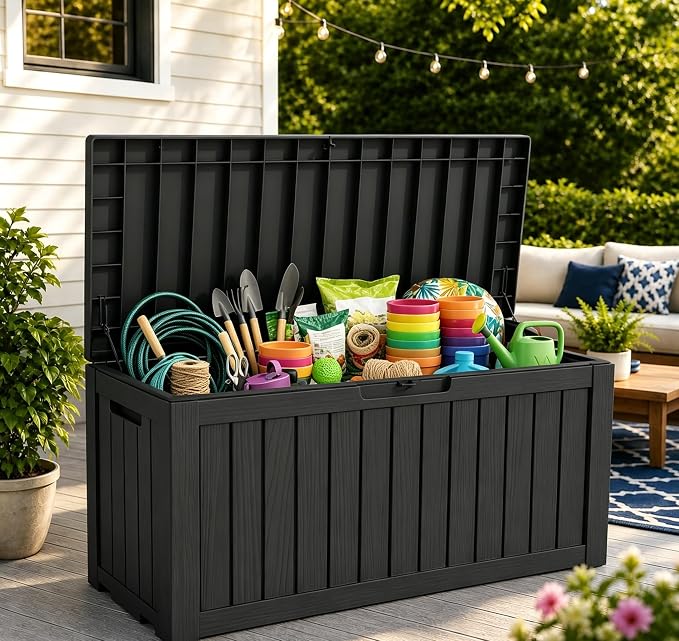 LAUSAINT HOME 230 Gallon Resin Deck Box, Package Delivery Box with Lockable Lid, Waterproof Outdoor Storage Box For Garden Tools, Patio Cushions(230 Gallon,Black)
