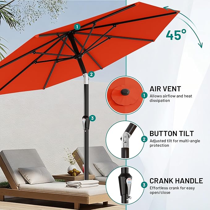 AreShark 10 FT Outdoor Patio Umbrella, Patio Table Umbrella with Push Button Tilt and Crank, Outdoor Patio Umbrellas with 8 Fiberglass Ribs, Patio Umbrellas for Market, Garden, Pool (Orange)