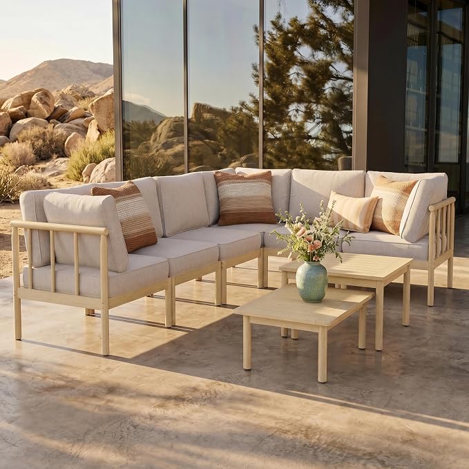 HERA'S HOUSE Patio Furniture,Acacia Wood Outdoor Sectional Sofa with 5.5" Ultra-Thick Cushions, L Shaped Modular Patio Conversation Set,Lawn Garden Backyard Couch Set with Nesting Tables,Beige