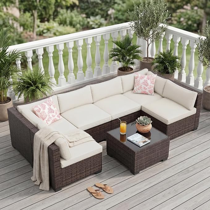7-Piece All-Weather Outdoor Sectional Sofa Set, Waterproof Wicker Patio Furniture with Removable Cushions, Modern Gray Conversation Set for Poolside, Garden, and Backyard, Brown Vine+Beige Cushion