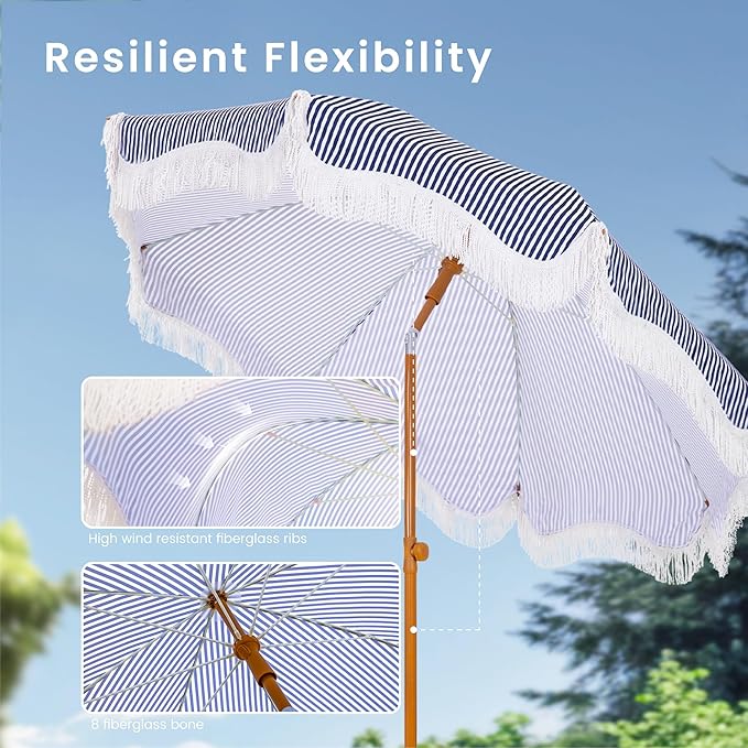 PHI VILLA 7ft Fringe Beach Umbrella with Sand Anchor, Outdoor Patio Portable Beach Umbrella for Sand with Tassels, Push Button Tilt & Carrying Bag, UPF 50+, Stripe Blue & White