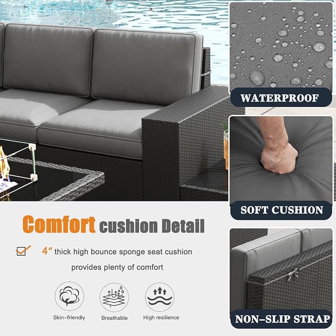 Patio Furniture Set with Fire Pit Table, 7 Pieces Outdoor All-Weather Wicker Conversation Sectional Chair Sofa Set