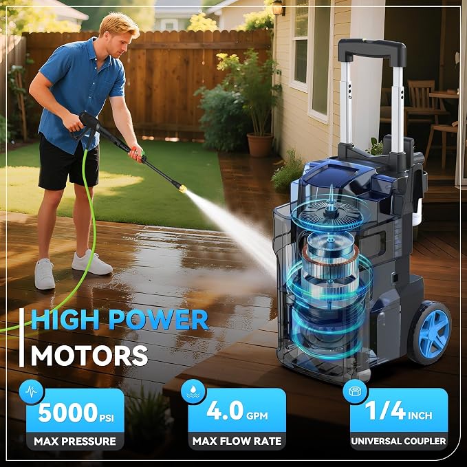 Electric Pressure Washer, 5000 PSI 4.0 GPM Heavy Duty Power Washer, with 4 Nozzles,Foam Cannon,33FT Hose Reel and 500ml Soap Bottle for Home/Cars(Light Blue)
