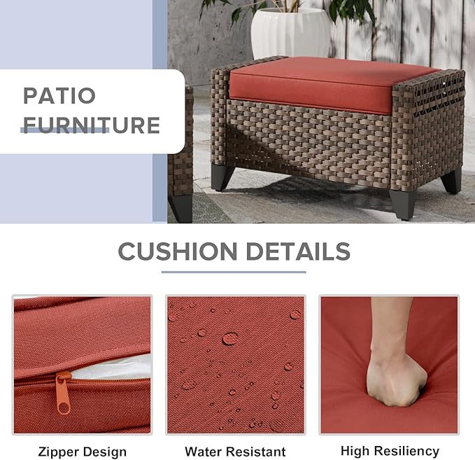 COOS BAY Modern Wicker Outdoor Furniture Set, 3 Piece Patio Conversation Set with a Loveseat and 2 Ottomans, 3 Piece, Brown/Red