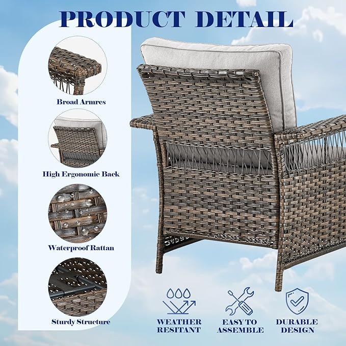 Outdoor Wicker Patio Furniture Set - 6 Piece Rattan Patio Conversation Sets with 2 Armrest Chairs,2 Ottomans,1 Sofa and 1 Coffee Table for Porch Deck Garden(Brown/Beige)