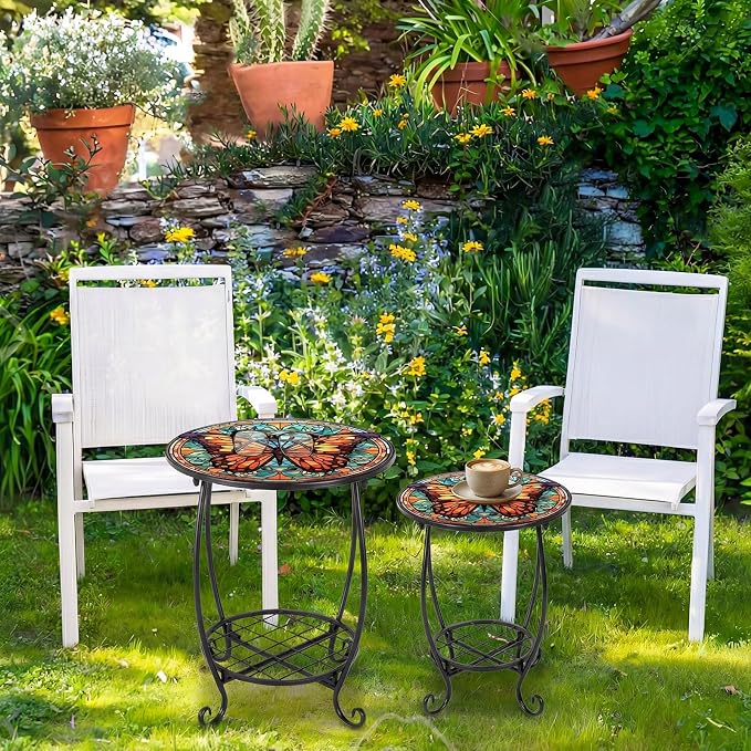Cinnvoice 2 Pcs Outdoor Side Table Small Patio Round Mosaic Accent End Table Indoor Plant Metal Coffee Tea Tables for Patio Yard Porch Garden Living Room(12" and 16",Butterfly B Style)