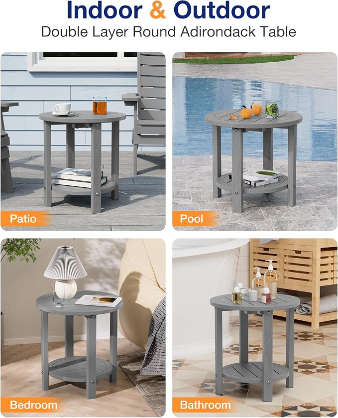 YEFU Outdoor Side Table for Patio: 16in HIPS Small Round Outdoor End Table - 2-Tier Adirondack Tables for Porch Patio Yard Poolside Living Room Beach Bedroom (Grey, 2 Pack)