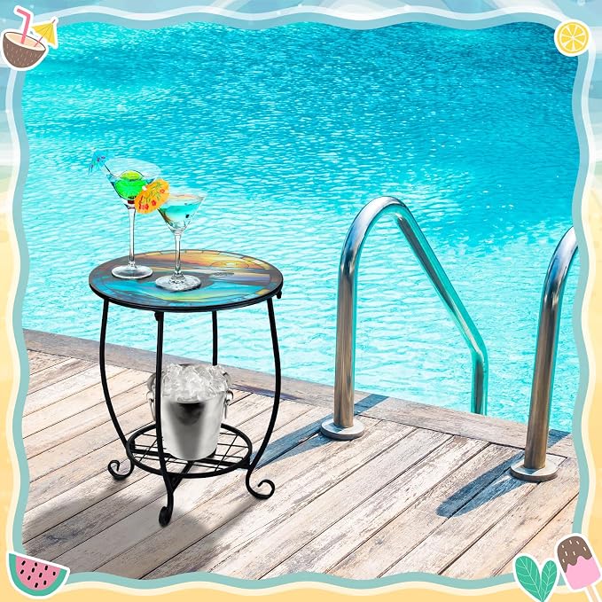 Cinnvoice Outdoor Side Table Round Small Mosaic Patio Accent Indoor End Plant Coffee Tea Table for Yard Patio Porch Garden Living Room, Bedroom(Turtle Style,16 Inch)