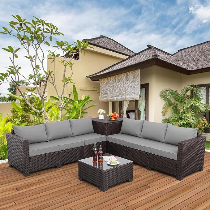 Valita Wicker Patio Furniture 6 Pieces Outdoor Sectional Sofa Patio Conversation Sets with Storage Bin Glass Table and Non-Slip Cushions and Furniture Covers, Light Grey