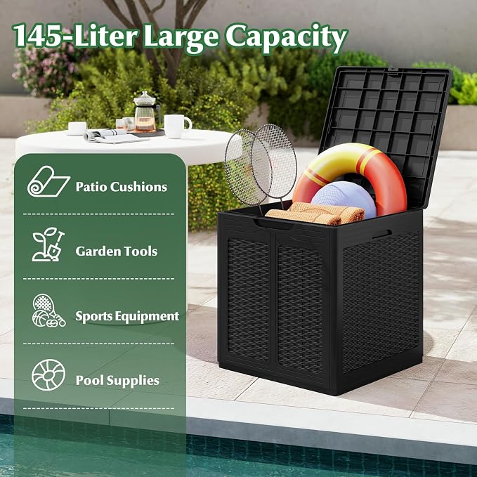Tangkula 39 Gallon Outdoor Storage Box, Waterproof PP Resin Patio Storage Box with Lockable Lid for Indoor & Outdoor Use, Rattan Design Deck Box for Cushions, Garden Tools