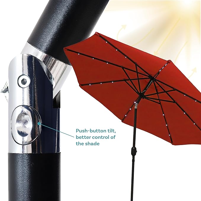 Sunnydaze 9 ft Outdoor Patio Umbrella with Solar Lights - Polyester LED Table Market Umbrella with Push-Button Tilt and Crank - Burnt Orange