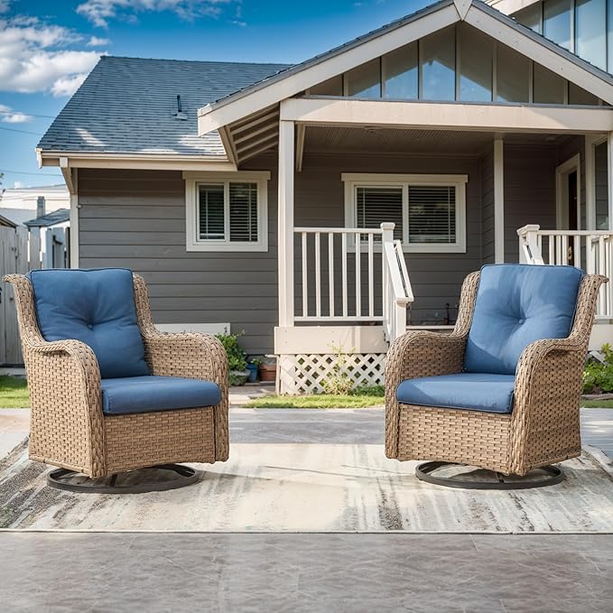 Outdoor Swivel Rocker Patio Chairs-Wicker Patio Swivel Chairs Set of 2 PE Rattan Patio Furniture for Porch Deck Balcony Garden-Yellow/Blue