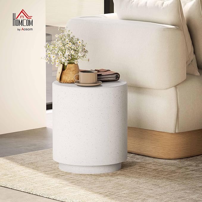 HOMCOM Concrete Finish Side Table, Lightweight Accent Table, 17" Patio Round Stump End Table with 4 Adjustable Feet for Indoor, Outdoor, Cream White