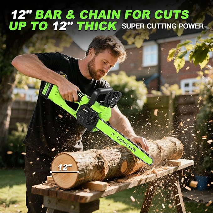 12" Electric Chainsaw Cordless, 21V Battery Chainsaw 2 x 4.0AH Battery, power chain saws with 2xChains & Guide Plate, Handheld Electric Power Chain Saw w Auto Oiling for Wood Cutting Trimming Branch