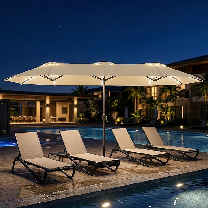15ft Large Patio Umbrella with Solar Lights and Base, Double-Sided Outdoor Rectangle Umbrella with 48 LED Lights, Market Table Umbrellas with UV Resistant Canopy