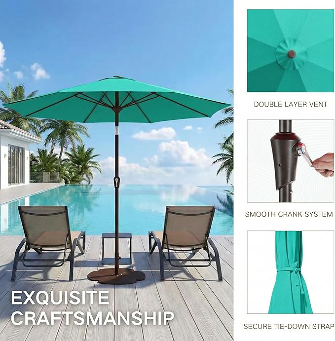 Kingdura 9FT Outdoor Patio Umbrella, Market Table Umbrella with Push Button Tilt and Crank, 8 Sturdy Fiberglass Ribs, UV Protection for Pool, Lawn, Deck, Backyard, Garden (Tiffany blue)