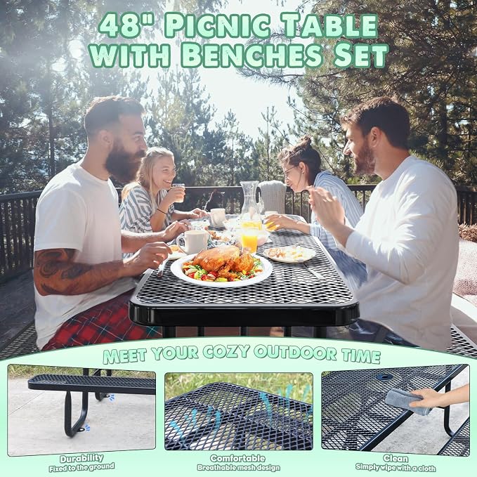 4FT Heavy Duty Picnic Table with 2 Benches, Up to 6 People Expanded Meta Outdoor Patio Dining Table with Umbrealla Hole, Outdoor Bench Set Steel Mesh Dining Furniture for Garden, Lawn, Patio