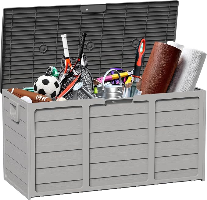 75 Gallon Outdoor Deck Box - Durable Resin Storage with Lockable Lid, for Patio Furniture Cushions, Pillows (Grey)