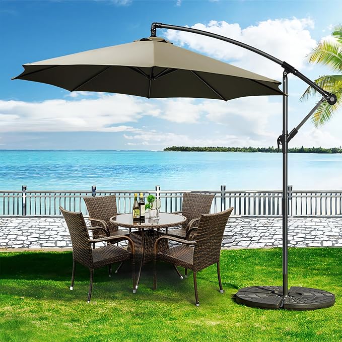 10ft Offset Hanging Market Patio Umbrella w/Cross Base, Outdoor Large Round Aluminum Cantilever Umbrella w/Easy Tilt Adjustment, Fade Resistant Waterproof 8 Ribs Canopy, for Yard, Garden & Dec