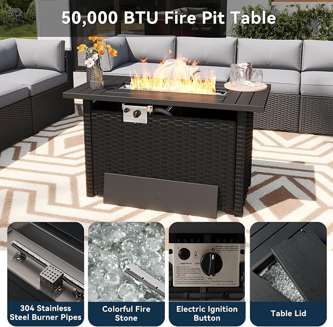 LazySunsets 8 Piece Outdoor Patio Furniture Set with 44'' Fire Pit Table, Outdoor Patio Furniture Set with Thicken Cushion, Wicker Rattan Outdoor Conversation Set for Backyard & Garden, Light Grey