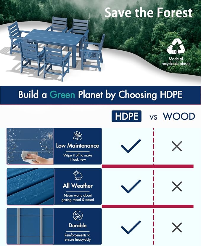 BRIOPAWS Outdoor Dining Table | HDPE | 67” Patio Rectangle Tables | All Weather | Umbrella Hole | Patio Furniture Set for 4-6 Person | Blue