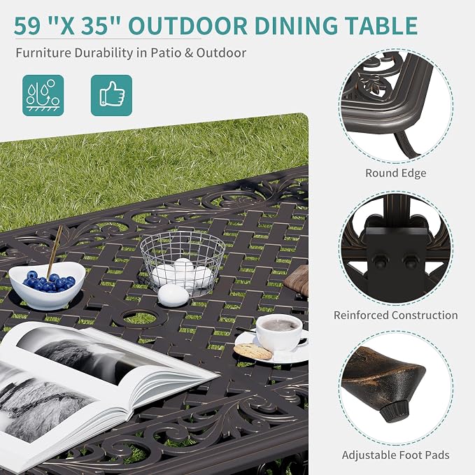 GarveeLife Cast Aluminum Outdoor Dining Table, 59 in Patio Dining Table with 2 in Umbrella Hole and Adjustable Foot Pads for Garden, Backyard, Deck, Dark Bronze