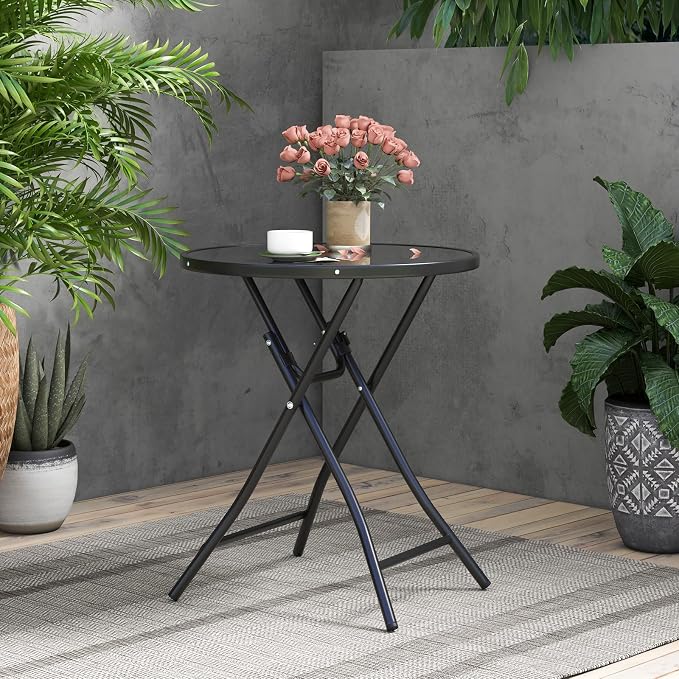 HOMGX 23 Inch Round Folding Bistro Table, Outdoor Patio Side Table with Tempered Glass Tabletop & Heavy-Duty Metal Frame, Portable Foldable Cocktail Table for Balcony, Porch, Deck, Backyard, Poolside