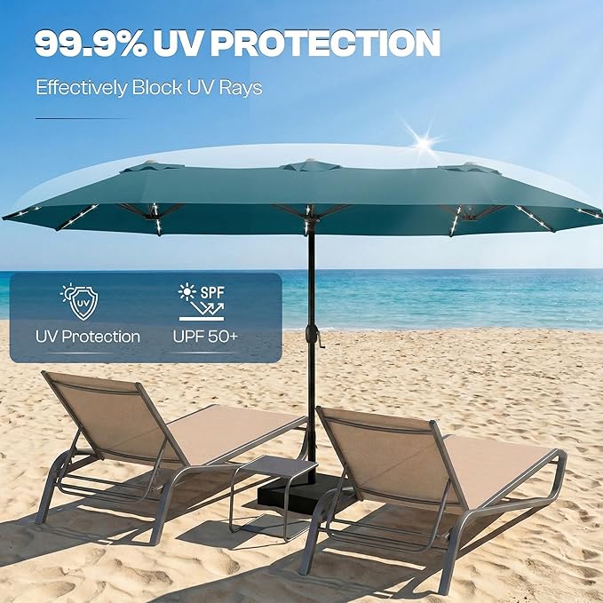 15FT Large Outdoor Patio Umbrella with Solar Lights and Base, Double-Sided Table Umbrellas with 48 LED Lights, Rectangle Market Umbrella for Pool, Deck, Backyard