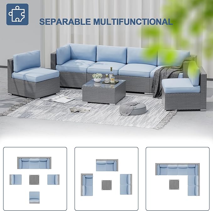 SUNCROWN Outdoor Patio Furniture Set 7 Piece Outdoor Sectional Sofa Grey Wicker Conversation Sofa Set with Coffee Table, Cushions and Waterproof Cover,Light Blue