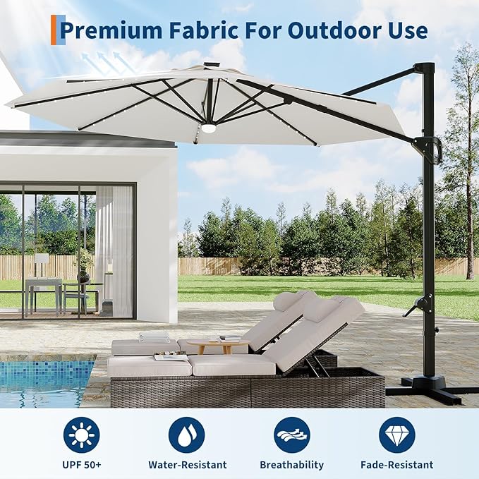 Garvee 10 ft Cantilever Patio Umbrella with Solar Lights, 360° Rotation Offset Umbrella, Easy Crank & Tilt Adjustment, UV Protection for Backyard, Poolside, Deck -Beige