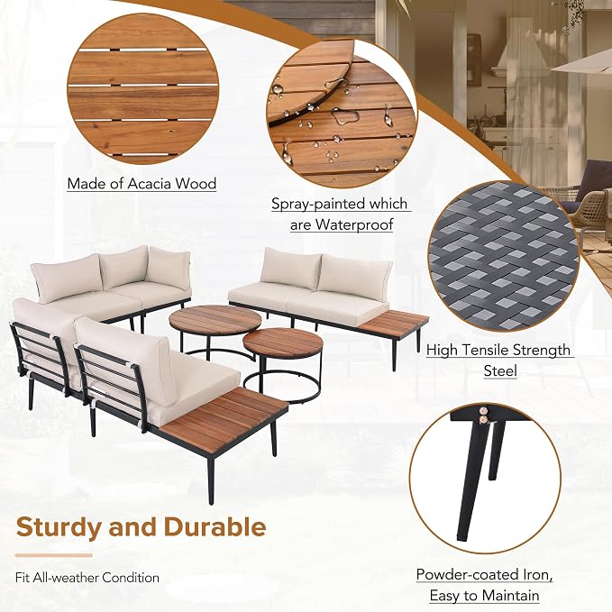 6-Piece Metal Outdoor Sectional Sofa Set with Round Nesting Coffee Tables, L-Shaped Patio Furniture Set Seating Sofa with Cushions for Patio, Porch and Garden, Beige