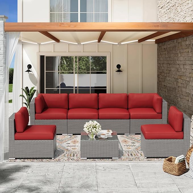 Oakcloud 7-Piece Outdoor Patio Furniture Sofa Set Grey Rattan Wicker Sectional Conversation Sets with Glass Top Table and Cushions(Red)