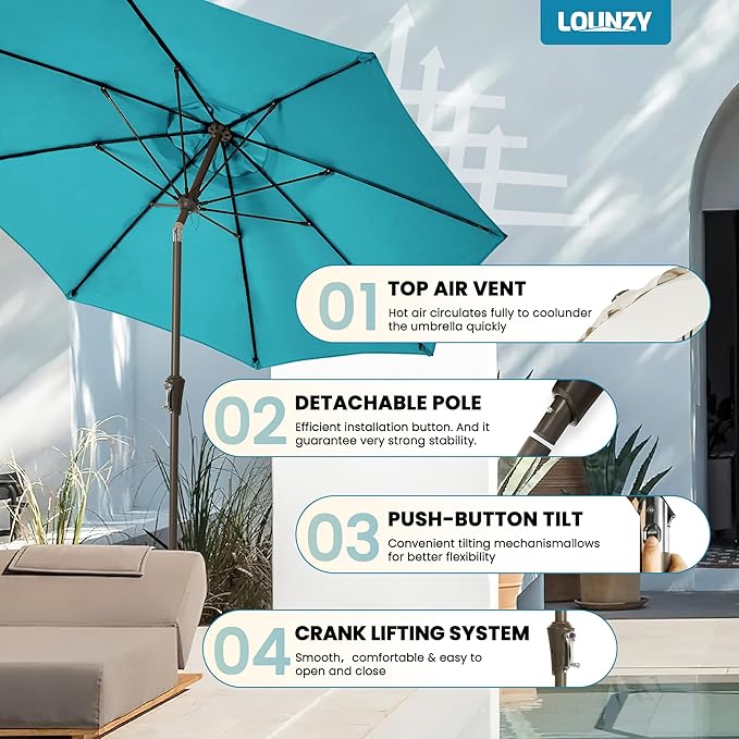 LOUNZY 9FT Large Outdoor Patio Umbrella Table Umbrella-UV Resistant,Easy Push Button Tilt and Crank,8 Sturdy Fiberglass Ribs Pool Umbrella for Patio,Backyard,Deck,Yard,Market
