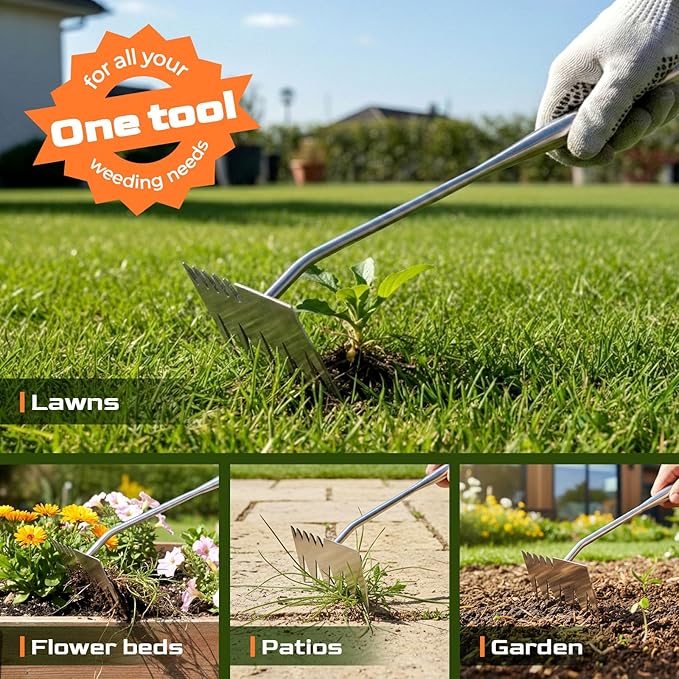 LOOHOI Weed Puller Tool, Portable Manual Weeder with Deep Root Removal, Heavy Duty Stainless Steel Weed Remover for Garden, Faster Than Step Weeders