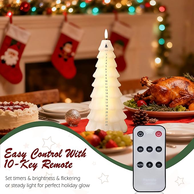 Christmas Tree Candles with Remote, Real Wax Christmas Countdown Candle, Countdown to Christmas Battery Operated Candles, Xmas Flameless Advent Candle for Table Decor