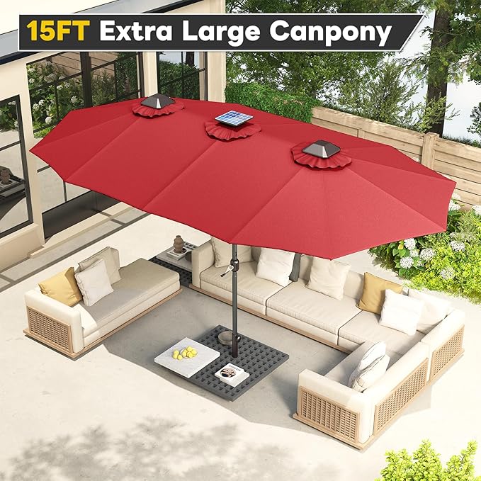 AECOJOY 15ft Patio Umbrella with Solar Lights, Large Patio Umbrella with Crank Handle and 156 PCS LED Lights, Outdoor Rectangular Market Umbrella for Backyard Deck Pool in Dark Red(1.9" Pole)