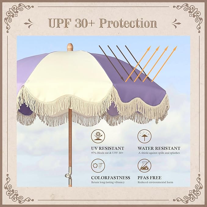 LAGarden Fringe Patio Umbrella with Carry Bag & Cover Vintage Wood for Event Outdoor Garden Yard Wedding Bistro Table