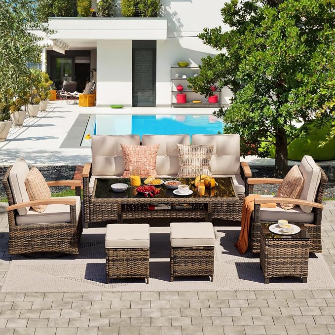 MEISSALIVVE 7 Pieces Patio Furniture Sets, PE Wicker Outdoor Conversation Sets with 2 Wood Armrests Swivel Rocker Chairs, 2 Ottomans,3-seat Sofa and Dining Table (Beige)