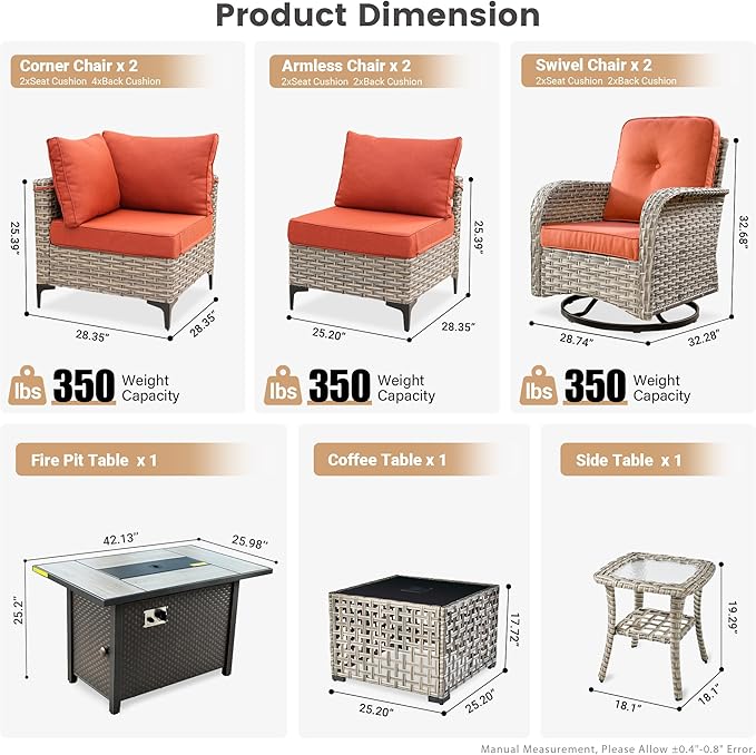 Outdoor Patio Furniture Sets,9 PCS Patio Conversation Set Outside Rattan Sectional Sofa with 42 in Fire Pit Table Wicker Rocking Chair Coffee Table Fit Backyard Porch Garden Poolside Balcony