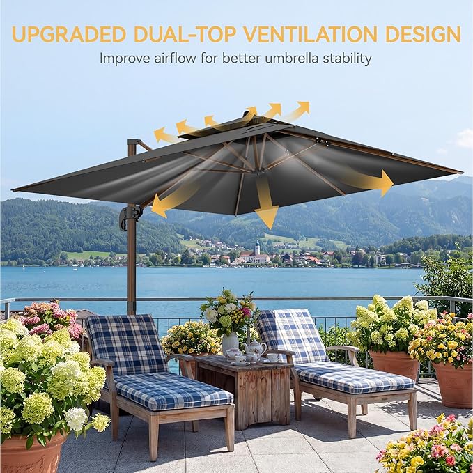 10x13 FT Wood Pattern Patio Umbrella, Large Deluxe Cantilever Rectangular Double Top Heavy Duty Offset Umbrellas with 360° Rotation, Outdoor shade for Garden Deck Pool Patio, Grey