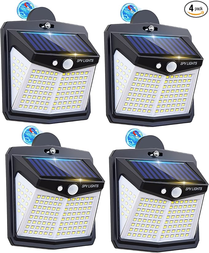 128LED Magnetic Solar Lights Outdoor, Bright Motion Sensor Outdoor Lights with Strong Magnets, Ip65 Waterproof Solar Lights for Chain Link Fence, Patio, Yard, Camper, RV (4Pack)