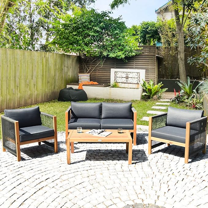 Tangkula Outdoor Wood Furniture Set, Acacia Frame Loveseat Sofa, 2 Single Chairs and Coffee Table, 4 Pieces Conversation Set with Cushions, Garden Balcony Poolside Living (1, Grey)