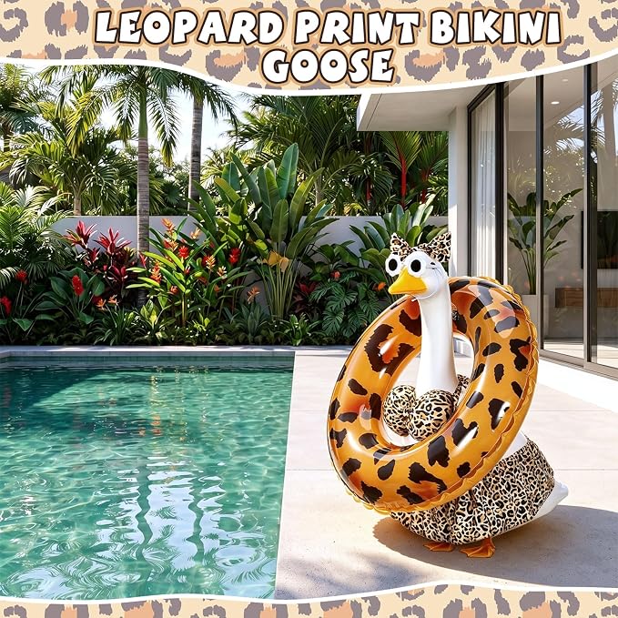 Bikini Porch Goose Outfits with Sunglasses and Swimming Tube for 23" Summer Goose Costume Garden Patio Statue Decor(Leopard Print)