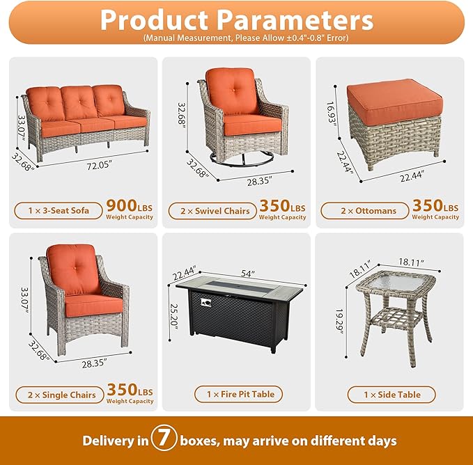 9 PCS Outdoor Patio Furniture Sets,Patio Conversation Sets Outside Rattan Soft Cushion Sofa with 2 Wicker Rocking Chairs & 54 in Fire Pit Table Fit Backyard Porch Garden Poolside Balcony,Orange Red