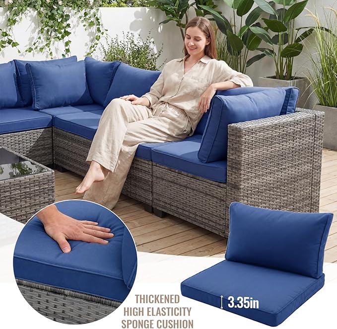 7 Pieces Outdoor Wicker Patio Furniture Sectional Set, Patio Conversation Set with Cushions & Coffee Table, All Weather PE Rattan Patio Sofa with Tea Table for Backyard Porch Garden (Navy-blue)