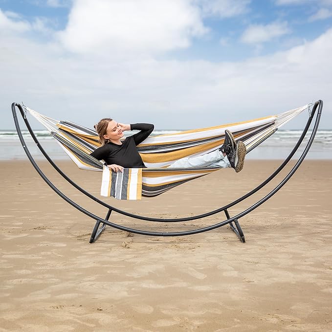 SUNCREAT Portable Large Hammock with Stand, Two Person Hammock with Stand Included, Patent Pending, Coffee White