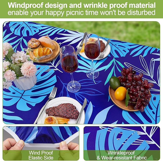 Play Tailor Picnic Table Cover with Bench Covers Camping Essentials Waterproof Windproof Camping Tablecloth with Drawstring Bag, Fitted Rectangle Tables and Seats, 60in, Dark Blue