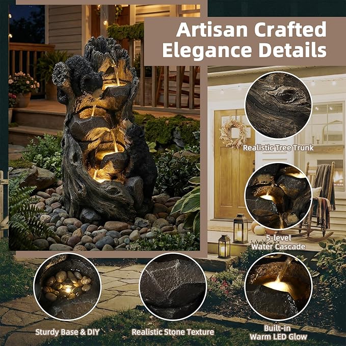 23" H 5-Tier Outdoor Water Fountain, Realistic Black Bears Climbing Tree Waterfall Fountains with 4 LED Lights & Adjustable Flow, Resin Garden Water Feature for Farmhouse Patio Yard Deck Decor