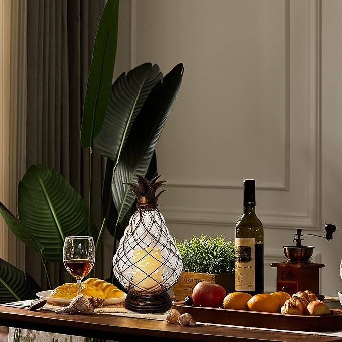 MOZEAL 13" Outdoor Glass Pineapple Lantern,Ip44 Waterproof,6 Hours Timer,Decorative Candle Lantern,with Flameless Candles,Battery Operated,for Front Porch/Patio/Beach/Garden/Pineapple Theme Decor