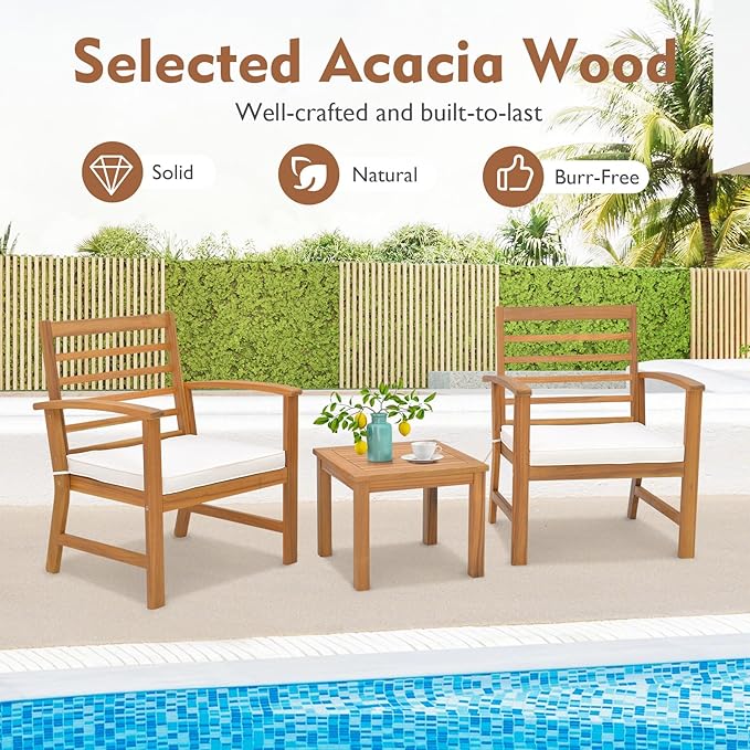 Tangkula 3 Pieces Outdoor Furniture Set, Acacia Wood Conversation Set with Soft Seat Cushions, Stable Acacia Wood Frame, Patio Sofa & Coffee Table Set for Backyard, Porch, Poolside (White)